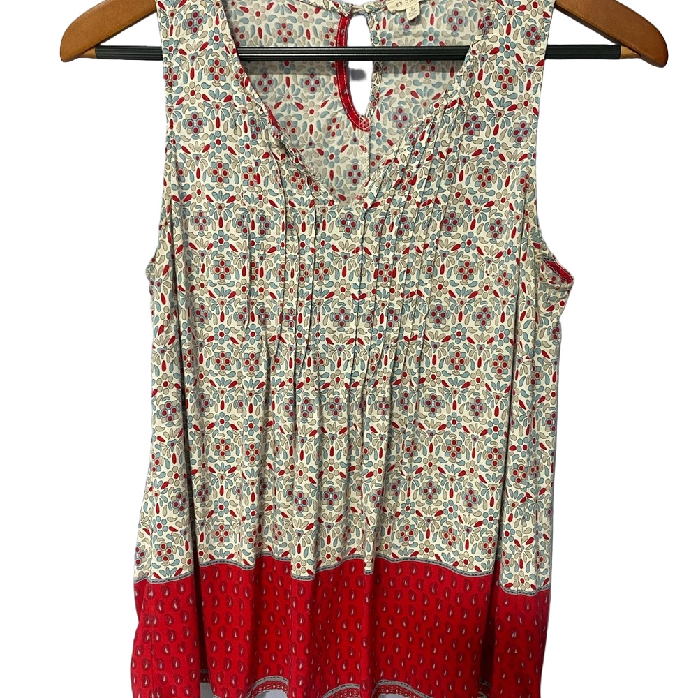 En Crème Red Cream Floral Sleeveless Top Boho Flowy Summer Medium
